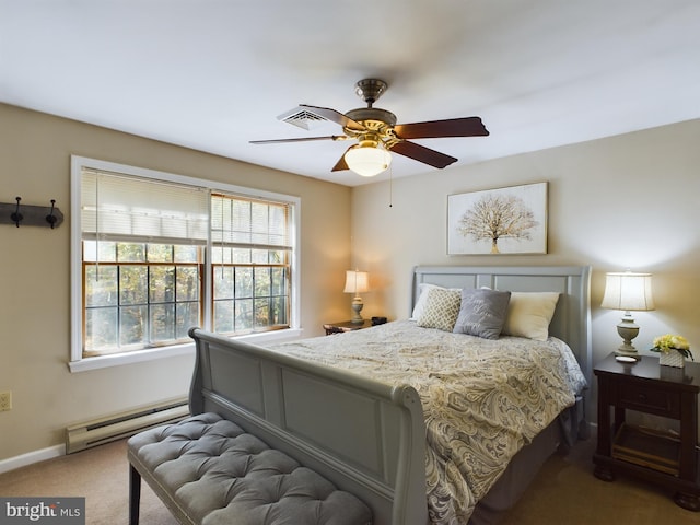 bedroom with carpet, ceiling fan, and baseboard heating