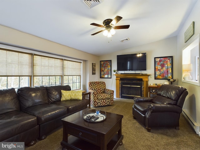 carpeted living room featuring vaulted ceiling, ceiling fan, and baseboard heating