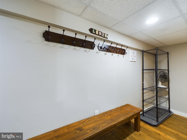 mudroom with wood-type flooring and a drop ceiling