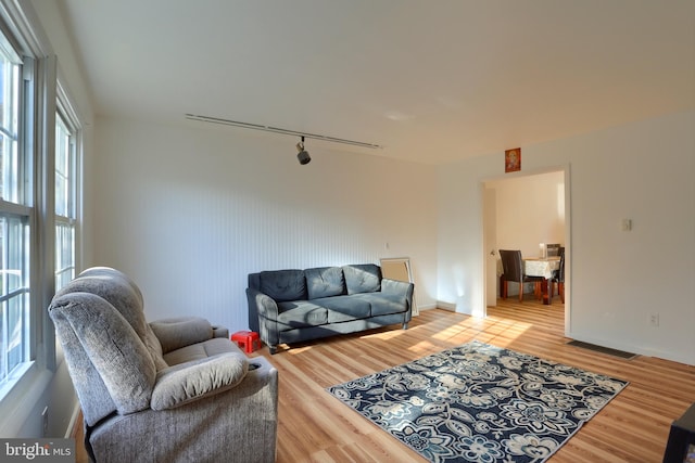 living room with hardwood / wood-style flooring, a healthy amount of sunlight, and rail lighting