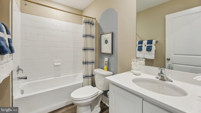 full bathroom with vanity, toilet, shower / bathtub combination with curtain, and wood-type flooring