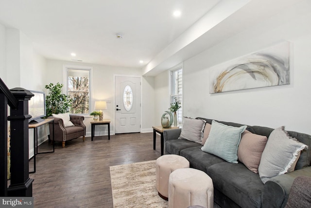 living room featuring dark wood-type flooring