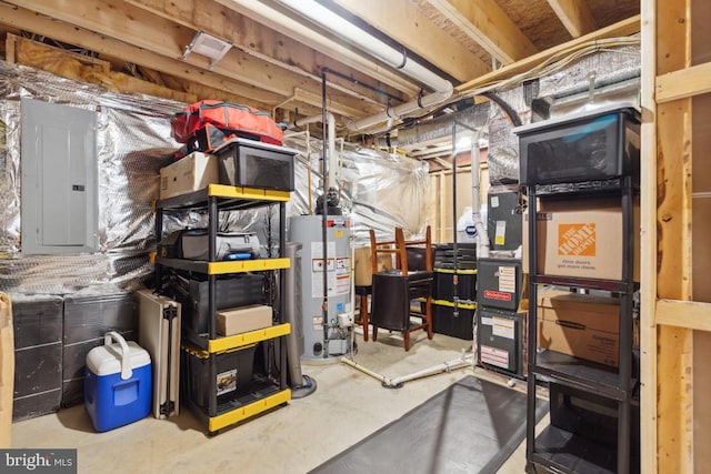 basement with water heater and electric panel