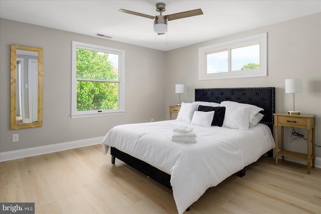 bedroom featuring ceiling fan and light hardwood / wood-style flooring