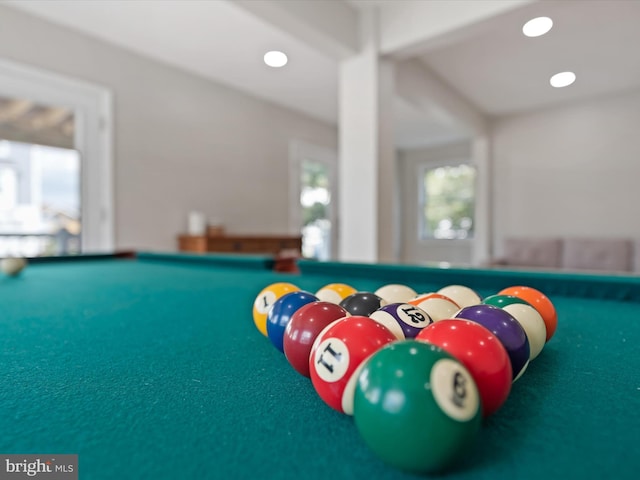 interior details featuring pool table and carpet floors