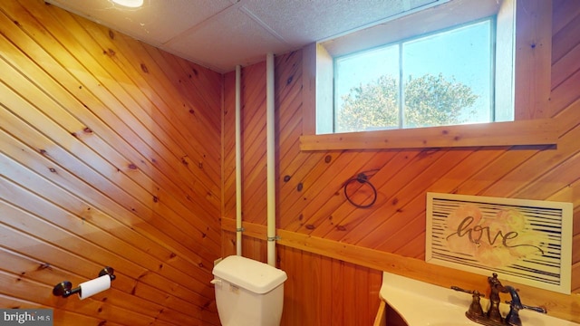 bathroom featuring toilet and wood walls