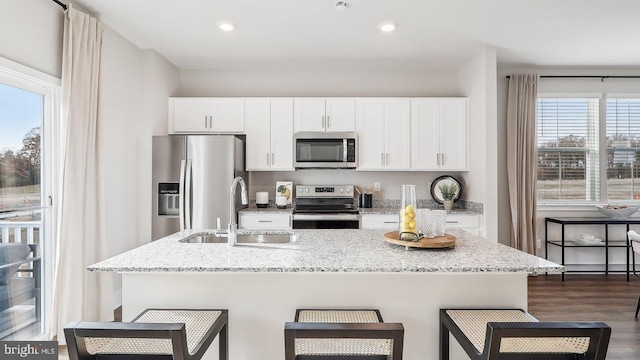 kitchen featuring dark hardwood / wood-style floors, a breakfast bar area, a healthy amount of sunlight, and appliances with stainless steel finishes