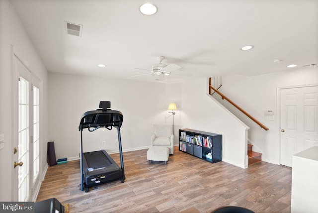 workout area with recessed lighting, visible vents, wood finished floors, and a ceiling fan