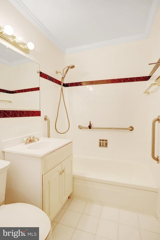 full bathroom with washtub / shower combination, vanity, crown molding, tile patterned floors, and toilet