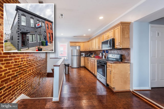 kitchen featuring tasteful backsplash, dark hardwood / wood-style flooring, stainless steel appliances, crown molding, and light brown cabinetry