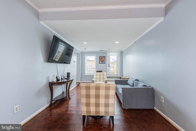 living room featuring crown molding and dark wood-type flooring