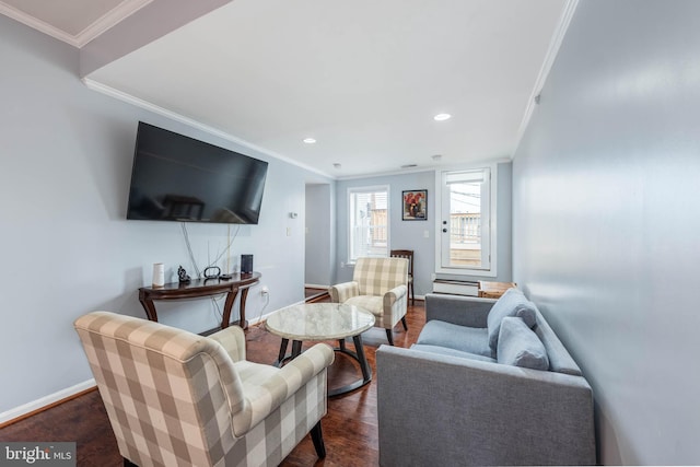 living room with dark hardwood / wood-style floors and ornamental molding