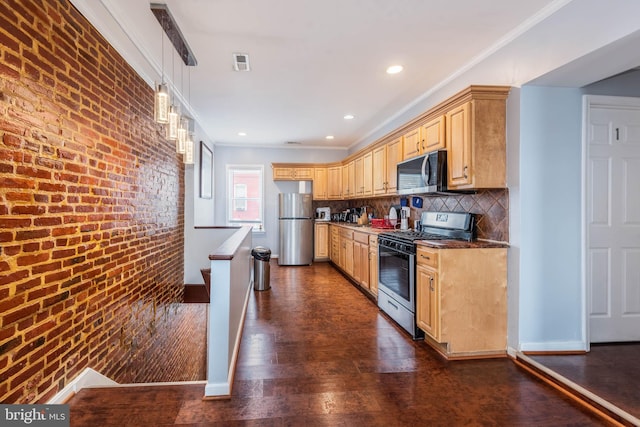 kitchen featuring pendant lighting, dark hardwood / wood-style floors, stainless steel appliances, light brown cabinets, and crown molding