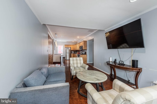 living room with ornamental molding and dark wood-type flooring