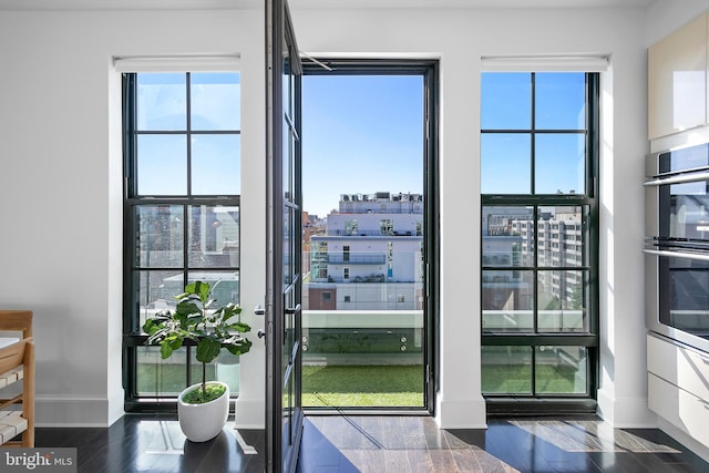 doorway with dark hardwood / wood-style floors