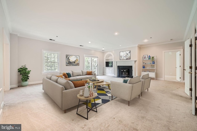 living room with light carpet and crown molding