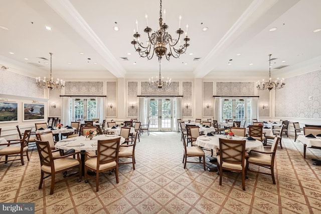 dining area with crown molding and beamed ceiling