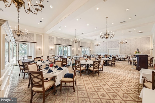 carpeted dining room with crown molding and beamed ceiling