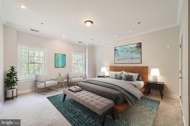 bedroom with light carpet and ornamental molding