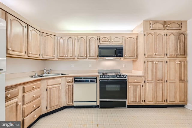 kitchen with dishwasher, light brown cabinets, electric range, and sink