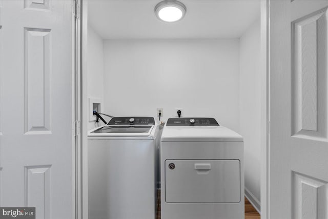 laundry area featuring wood-type flooring and washing machine and clothes dryer