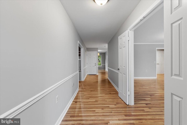 hall featuring ornamental molding and light hardwood / wood-style floors