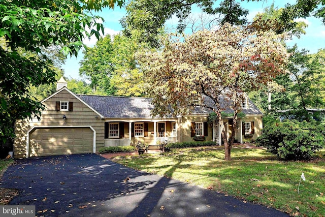 view of front of property with a garage, a front yard, and covered porch