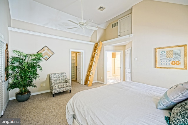 carpeted bedroom with connected bathroom, a closet, a spacious closet, high vaulted ceiling, and ceiling fan