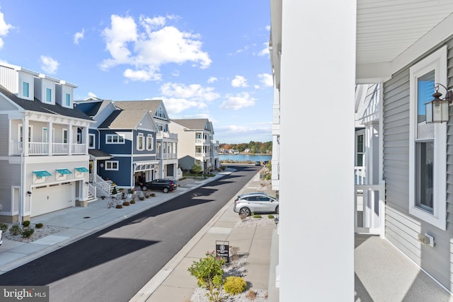 view of street with a water view