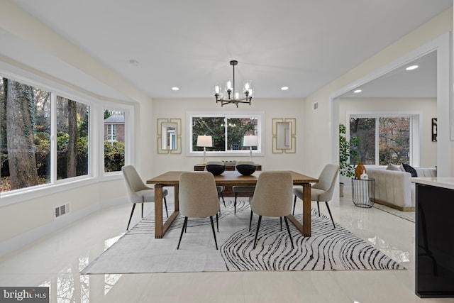 dining area with recessed lighting, visible vents, plenty of natural light, and a notable chandelier