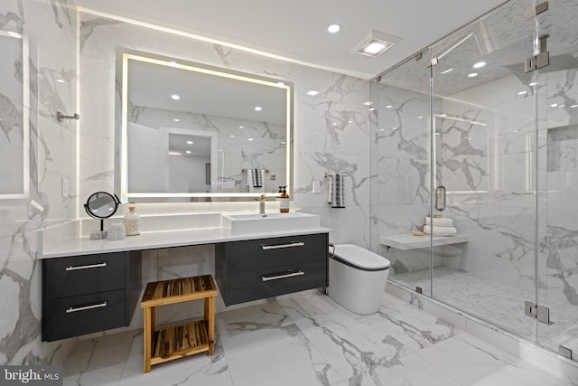 full bathroom with recessed lighting, vanity, toilet, and stone wall