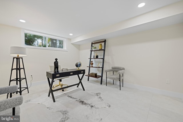 home office featuring recessed lighting and baseboards