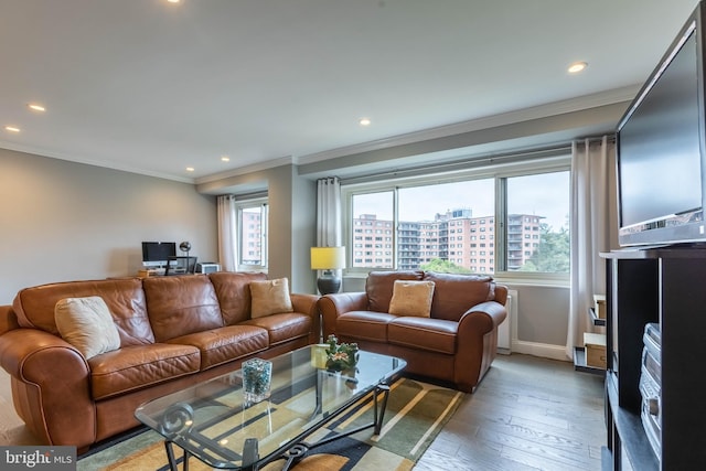 living room featuring dark wood-type flooring and crown molding