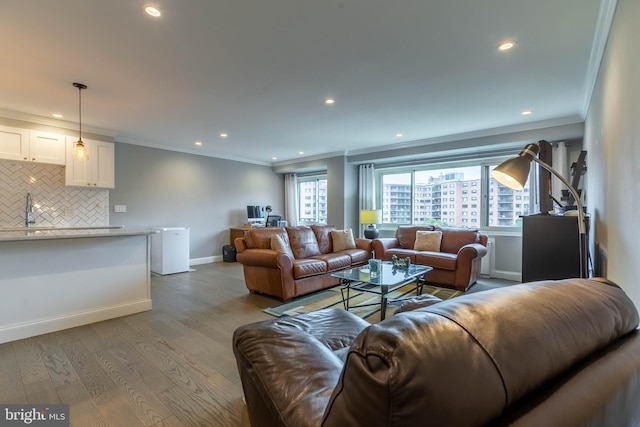 living room featuring ornamental molding and light hardwood / wood-style floors