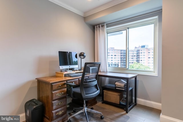 office area featuring crown molding