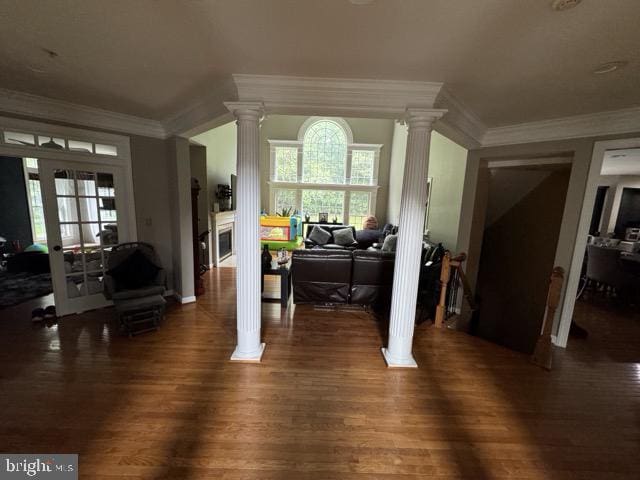 interior space featuring dark hardwood / wood-style floors and ornamental molding