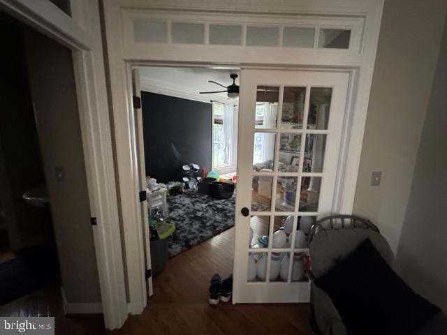 interior space with crown molding and dark hardwood / wood-style flooring