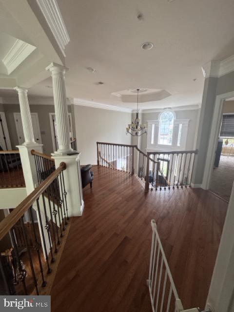 corridor featuring dark wood-type flooring, a raised ceiling, crown molding, and a chandelier