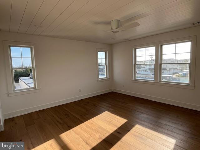 unfurnished room with ceiling fan, dark hardwood / wood-style flooring, and wooden ceiling