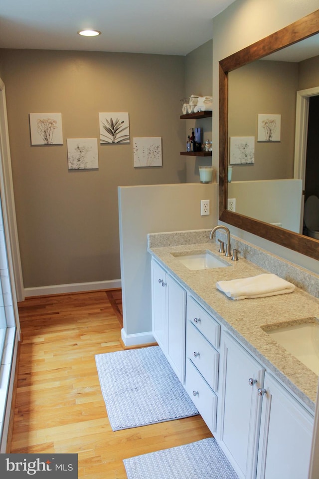 bathroom with wood-type flooring and vanity