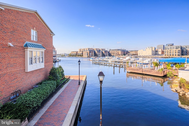 dock area featuring a water view