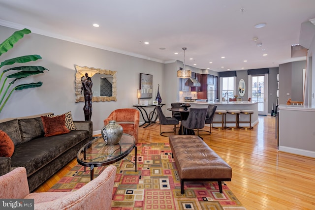 living room with ornamental molding, sink, and light hardwood / wood-style flooring