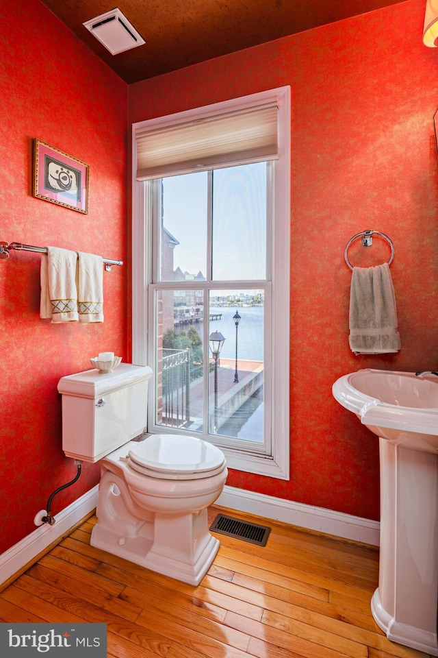 bathroom with a water view, toilet, hardwood / wood-style flooring, and sink