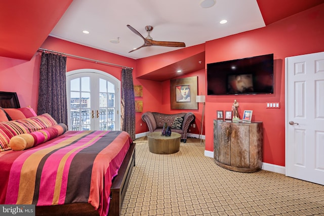 carpeted bedroom featuring french doors, access to exterior, and ceiling fan