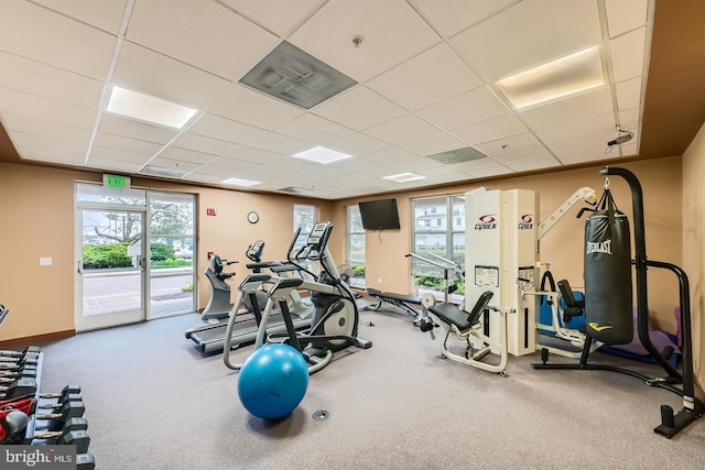 workout area with plenty of natural light and a paneled ceiling