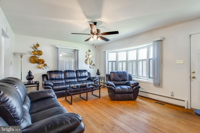 living room featuring light wood-type flooring, ceiling fan, and baseboard heating