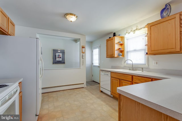 kitchen with white appliances, sink, and a baseboard heating unit