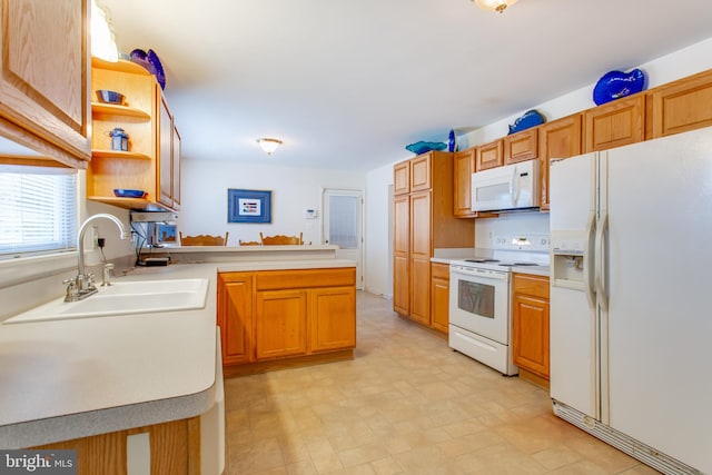 kitchen with white appliances, kitchen peninsula, and sink