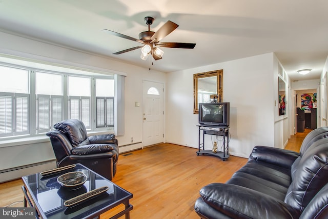 living room featuring ceiling fan, light wood-type flooring, and baseboard heating