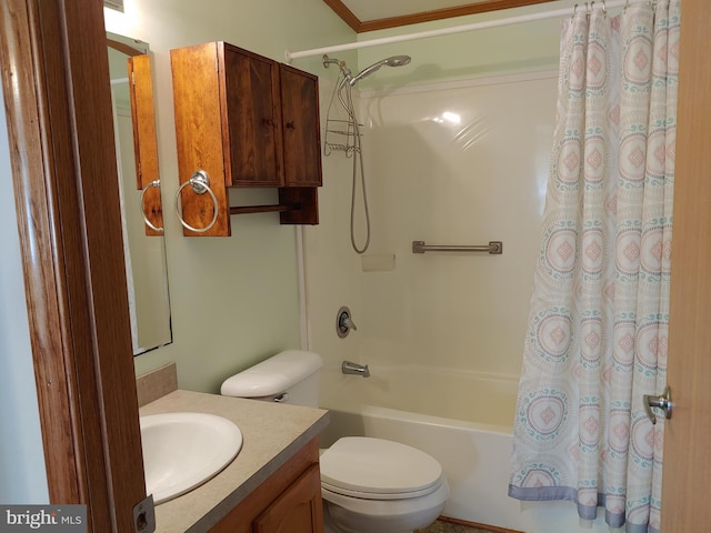 full bathroom with shower / bath combination with curtain, toilet, and vanity